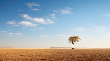 A solitary tree with golden leaves stands out against a vast, barren plain under a sky streaked with delicate clouds.