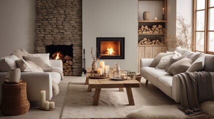  Cozy living room interior with plush sofas, a lit fireplace, wooden accents, and soft candlelight creating a warm atmosphere