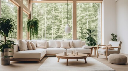  Modern living room filled with natural light, featuring floor-to-ceiling windows with a forest view, complemented by lush indoor plants and minimalist furniture.