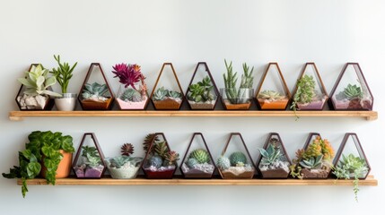 Assorted green and purple succulents in triangular terrariums on two wooden wall-mounted shelves.