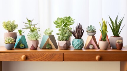 A collection of succulents in various geometric pots on a wooden shelf.