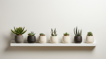 A neat display of succulent plants in matching grey and white pots on a white wall shelf against a clean backdrop.