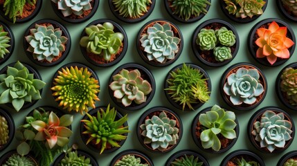 A variety of potted succulents arranged in rows, showcasing a spectrum of green and orange hues.