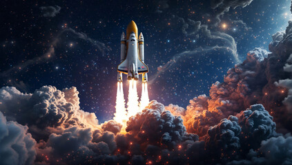 A manned rocket launches into space at night. - Powered by Adobe