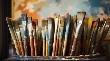 Fototapeta premium Generative AI, colorful used brushes in an artist's studio, aesthetic muted colors