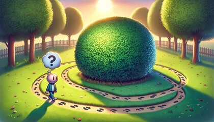 Beat around the bush. Person wandering in circles around a lush bush, with a thought bubble and a question mark overhead, representing the avoidance of direct conversation. 