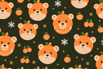 Vector pattern 
with сhristmas tree toys ball in the form of a bear's head, 
citrus tangerines
and snowflake. 2024 New Year fashion
ornament for fabric, paper, textiles, notepad,
children clothing.