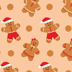 Vector seamless Christmas pattern with gingerbread men, gingerbread boy, gingerbread girl, vector illustration