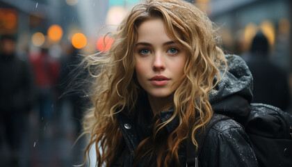Obraz premium A young woman in the rain, smiling, looking at camera generated by AI