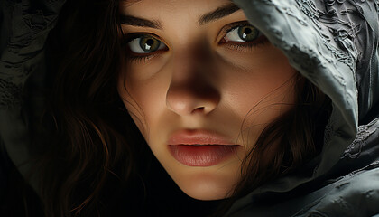 Young adult woman, beauty in portrait, looking at camera generated by AI