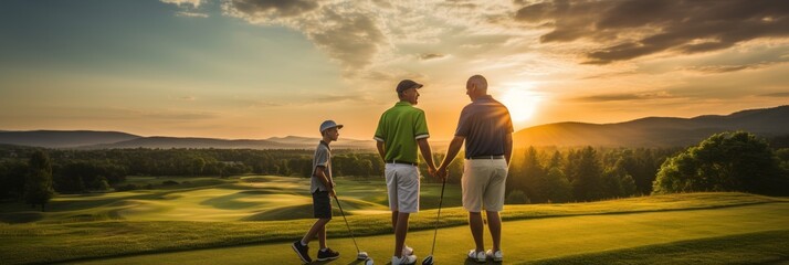 Dad teaches his child to play golf, dad and child on a golf course,banner - obrazy, fototapety, plakaty