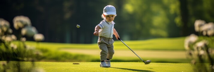 Small child with a golf club learning to play golf in golf, dad and child on the golf course, banner