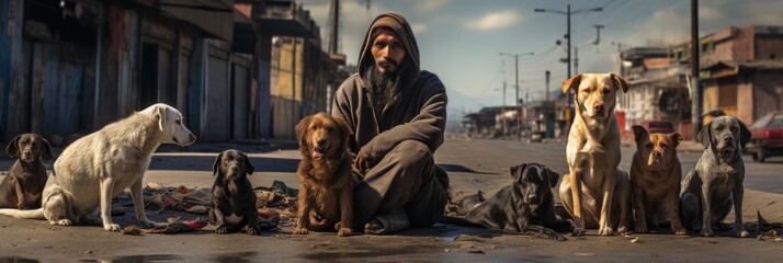 Homeless people with their stray dogs on city streets, housing problem - obrazy, fototapety, plakaty