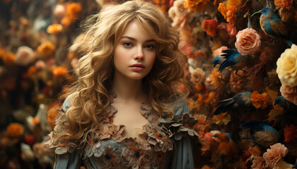 A beautiful young woman with blond hair in autumn nature generated by AI