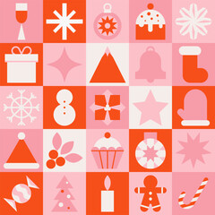 Christmas seamless pattern. Flat geometric elements, minimal holiday icons, square tiles simple shapes. Vector background