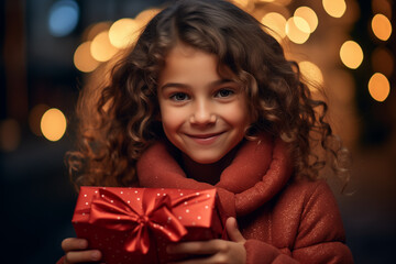 young girl smiling happy with christmas presents at christmas eve. Celebration and happiness at special holiday for a perfect childhood. 