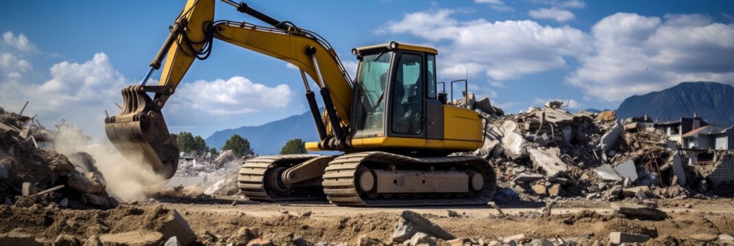 Construction equipment removes rubble of stone and concrete on city streets after a devastating earthquake, banner