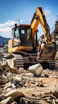 Construction equipment removes rubble of stone and concrete on city streets after a devastating earthquake
