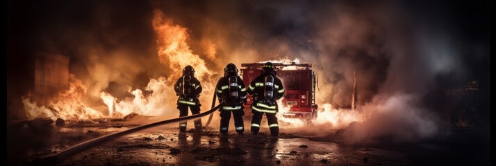 Firefighters next to a fire truck extinguishing a large fire, orange glow due to the fire, banner - obrazy, fototapety, plakaty