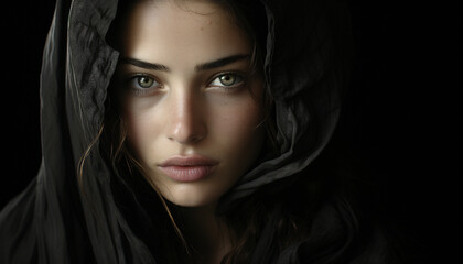 One beautiful woman, looking at camera, exuding elegance and sensuality generated by AI