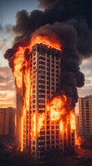 Apartment building fire in the city, skyscraper burning, the problem of extinguishing high-rise houses