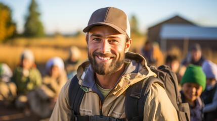 Fototapeta premium Volunteer aiding food distribution in refugee camp