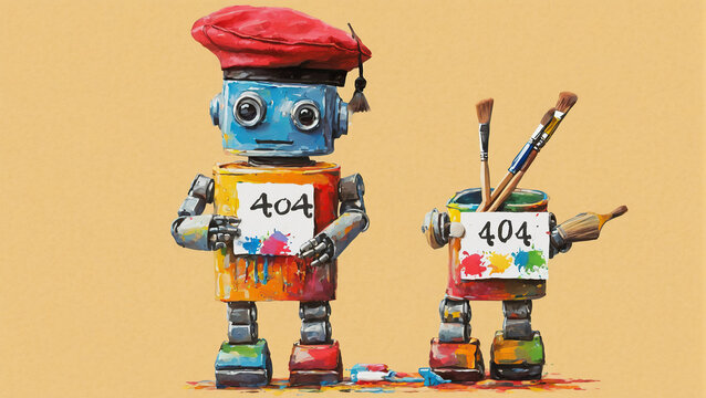 Two robot artists, whimsically adorned with splashes of paint and '404' signs, symbolizing a creative take on the common web error.