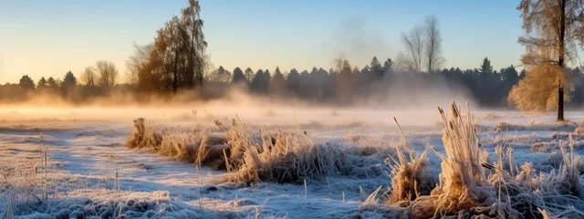 Foto op Canvas Cold season outdoors landscape, frost trees in a forest clearing ground covered with ice and snow, under the morning sun. Winter seasonal background © Eli Berr