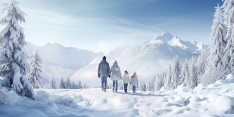 Happy family Father, mother and children are having fun and playing on snowy winter walk in nature. comeliness - obrazy, fototapety, plakaty