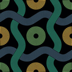 Decorative composition of wavy lines and intersecting dashed circles on a black background. Retro style geometric design. Stylish graphic texture. Seamless repeating pattern. Vector illustration.