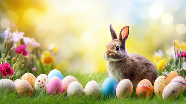 easter background - a bunny surrounded from easer eggs as decoration on a meadwo against golden bokeh background