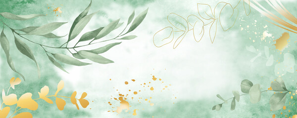 Watercolor greenery background  with eucalyptus  and golden elements. Hand drawn illustration.