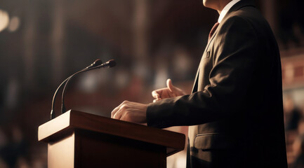 Politician speaks to an audience from the podium. Diplomatic speech, debate, political activity - obrazy, fototapety, plakaty