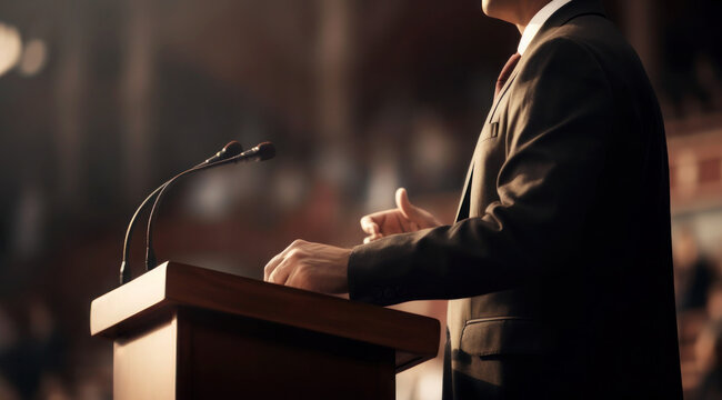 Politician speaks to an audience from the podium. Diplomatic speech, debate, political activity