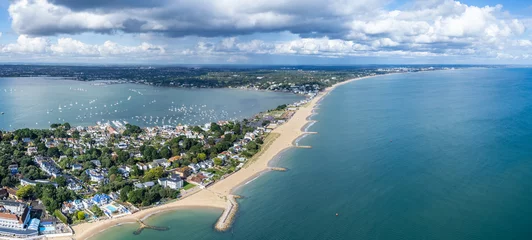  amazing aerial panorama view of Sandbanks Beach and Cubs Beach in Bournemouth, Poole and Dorset, England. © gormakuma