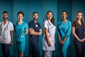 A series of portraits highlighting the multicultural and diverse nature of the healthcare workforce, creatively presented with cultural elements, creativity with copy space