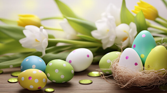 easter background - easer eggs with some twigs and flowers as decoration against green bokeh background
