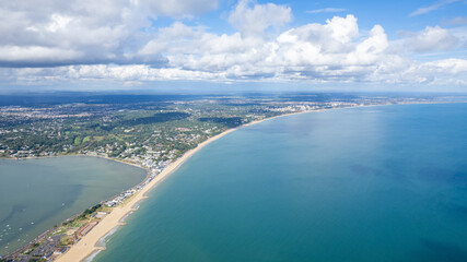 amazing aerial panorama view of Sandbanks Beach and Cubs Beach in Bournemouth, Poole and Dorset, England. - obrazy, fototapety, plakaty