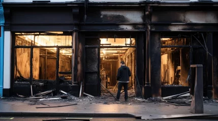 Foto op Plexiglas Burnt down cafe on the street as a result of a strong fire © Daria17
