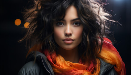 A beautiful young woman with brown hair looking at camera generated by AI