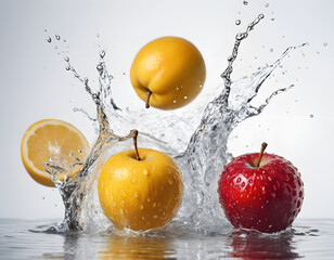 Fruit Splashing Water on Reflective Surface, Dynamic Motion Freeze in High Resolution, Ideal for Healthy Lifestyle and Diet Concepts