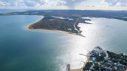 amazing aerial panorama view of Studland and Godlingston Heath National Nature Reserve in...