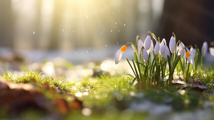 Spring season outdoors landscape, flower in nature on a forest ground covered with grass and snow,...