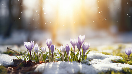 Spring season outdoors landscape, flower in nature on a forest ground covered with grass and snow,...