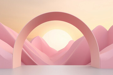 Obraz na płótnie Canvas Blush pink round arch on the pastel sunset landscape background. Atmospheric escapism installation for showcase and display products. Minimalist architectural construction and mountain.