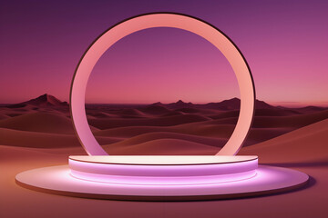 Empty pink product display with magic arch. Surrealism round podium on the minimalist landscape background. Atmospheric escapism installation.