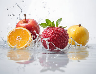 Fruit Splashing Water on Reflective Surface, Dynamic Motion Freeze in High Resolution, Ideal for Healthy Lifestyle and Diet Concepts