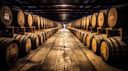 barrels of wine in a factory