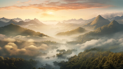 Misty Sunrise over Mountain Range