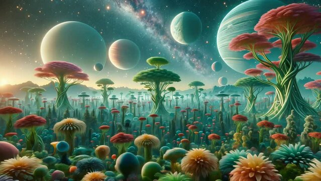 A landscape of plants on an alien planet. Interstellar space. Traveling through space
